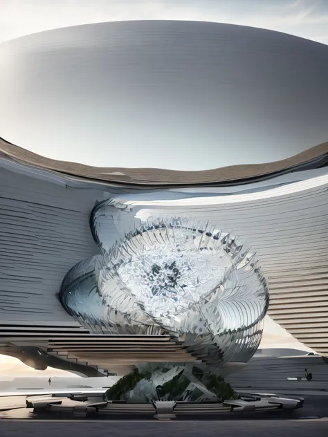 Glass sculpture with a flower on the table, Zaha Hadid Octane High Rendering, zaha hadid, Cha Shibiao, Inspired by Cha Shibiao, parametric structure, Ethereal Holographic Center, futuristic architecture concept, parametric architecture, glass spaceship, pa...