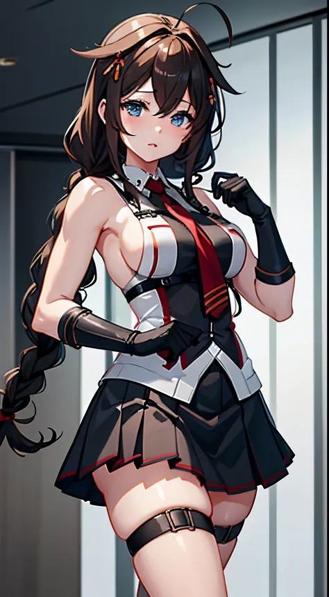 Shigure Kai 3 KanColle Sleeveless Black Thimble Gloves Black Skirt Braid 8K High Resolution Very Fine Eyes Very Fine Face、Insanely detailed body、Extremely fine skin, very elaborate hair ornament, Precisely sculpted body and hand 1 person hotel room