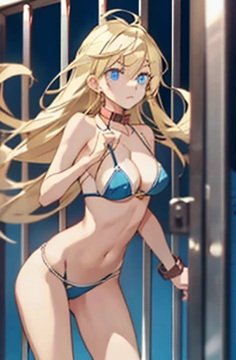 girl in cage, handcuffed, on a leash, long hair, blond, blue eyes, ((skimpy bikini)), scared, crying