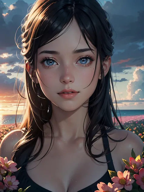 ((pure beauty:0.8, ultra-realistic:1.2)), caucasian flesh:1.2, bright eyes:1.1), light contrast and hue:1.1, high surface:1.1, image quality:ultra hd:1, portrait, high nose bridge, dynamic angle, clouds and sea, field of flowers in the foreground, light tr...