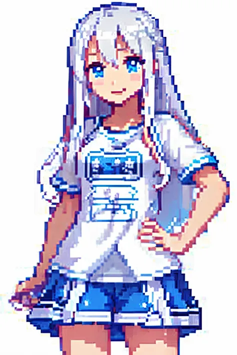 One Cute Girl, Longhair straight curly hair, white hair, blue eyes, colorful casual outfit, smile, standing, standing pose, no pose, general pose, white background, high res, ultrasharp, 8K, masterpiece, bust-up