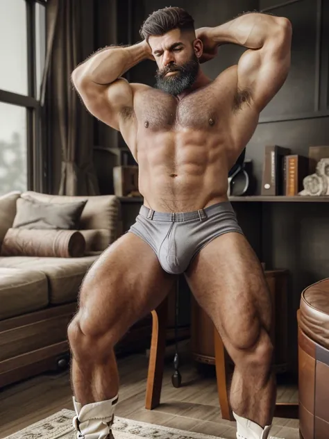 bdsm aesthetic, 8k, super detail, A portrait full body of fireman, moustache beard, wearing jockstrap, armpit, showing armpit, medium hair shaved sides, Strong, muscular, jockstrap, hairy big belly bodybuilder, bdsm gear, chains, harness, collar, hard big,...