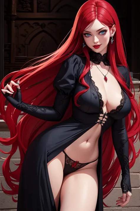 Illustration at a vampire castle one woman, long red hair, Beautifully detailed blue eyes. Beautifully detailed red lips wearing black underwear (Best quality 4k high definition masterpiece..: 1.2) Very detailed ( Realistic:1.37)smile, Art masterpieces at ...