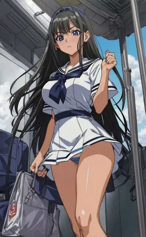 A beautiful woman with long black hair, big breasts, and beautiful legs is wearing a white sailor suit with a miniskirt, showing off her light blue and blue panties, and standing with her legs spread apart on the bus.。