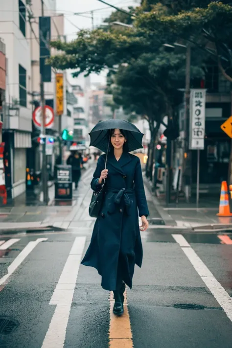 maiko walking down city street during overcast day