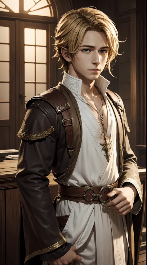 Absurdres masterpiece HDR high quality head shot of a handsome boy from octopath traveler  character with blonde hair in sorcery white clothes