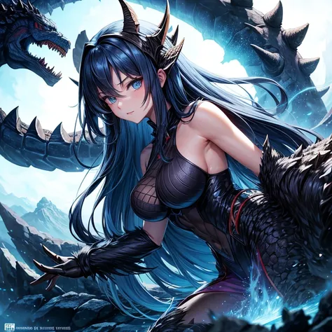 titanus gojira, female, medium breast, long blue haire, blue eyes, godzilla series, Kaiju girl