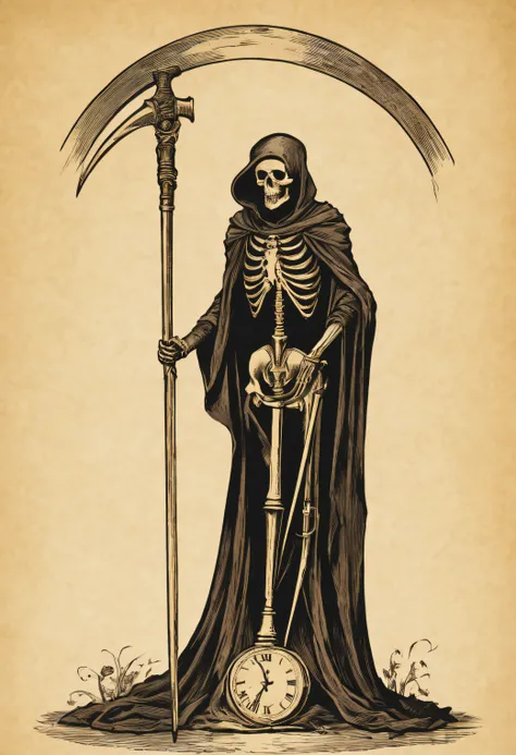 death with scythe on shoulder standing on hourglass with one leg