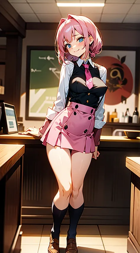 Dark pink uniform in the style of Anna Millers, cute girl clerk, A slightly shy smile for customer service, leaning down, Bustier-style dark hot pink dress that doesn&#39;t hide the breasts, Soft breasts around C cup, Hot pink fluttering miniskirt, knee hi...