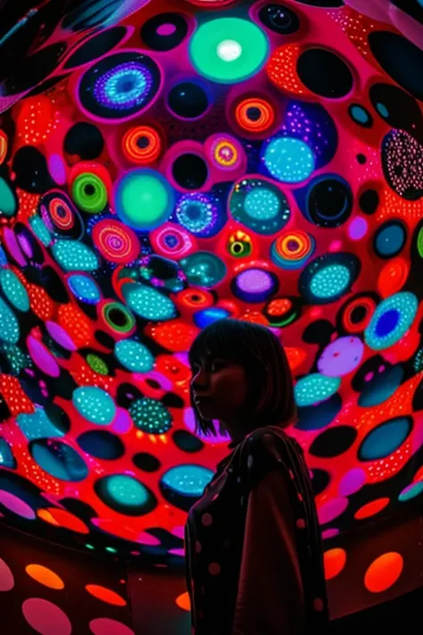 a woman standing in front of a display of polka dots, interactive art, lava lamps, black light, psychedelic architecture, drinking