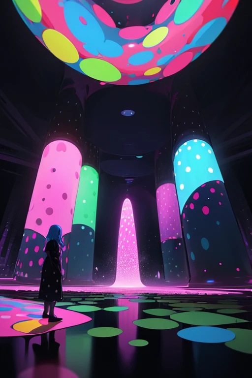 a woman standing in front of a display of polka dots, interactive art, lava lamps, black light, psychedelic architecture, drinking