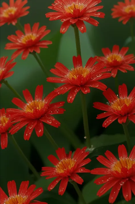 (bright red flowers), with dew drops, close-up, macro photography, golden , colored background, glow, sunlight and highlights, high detail, full detail, high resolution, glow, rendering, photorealism, 55mm, volumetric lighting, ray tracing, reflections, en...