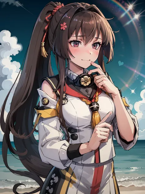 yamato_\(kancolle\), 1girl, original_costume
break
embarrassed smile, (nose blush), (heart hands:1,1), own hands together
break
...