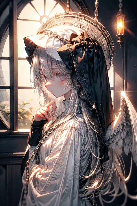 Emo girl, kawaii, silver hair, angel wings, angel, angel ring, bound with chains, blindfolded with black cloth, white flowers, white, pure white, silvery white