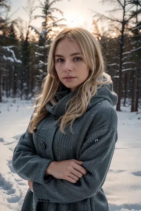 "create a realistic 8k hdr composite of a woman with blonde hair wearing winter clothes. explore the rich detail provided by hig...