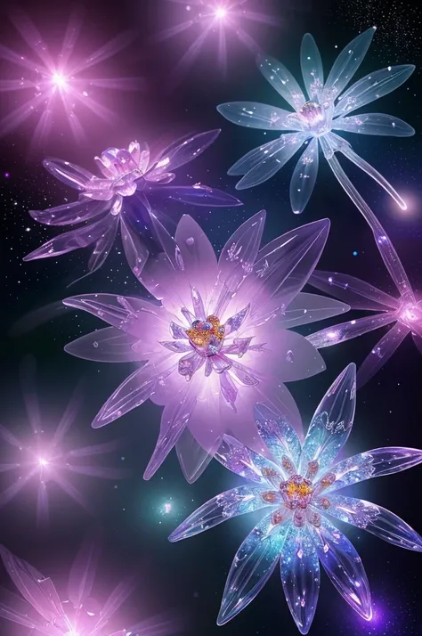 crystal blossom flower, fantasy, galaxy, transparent, shimmering, sparkling, splendid, colorful, magical photography, dramatic lighting, photo realism, ultra-detailed, enhance, intricate, (best quality, masterpiece, Representative work, official art, Profe...