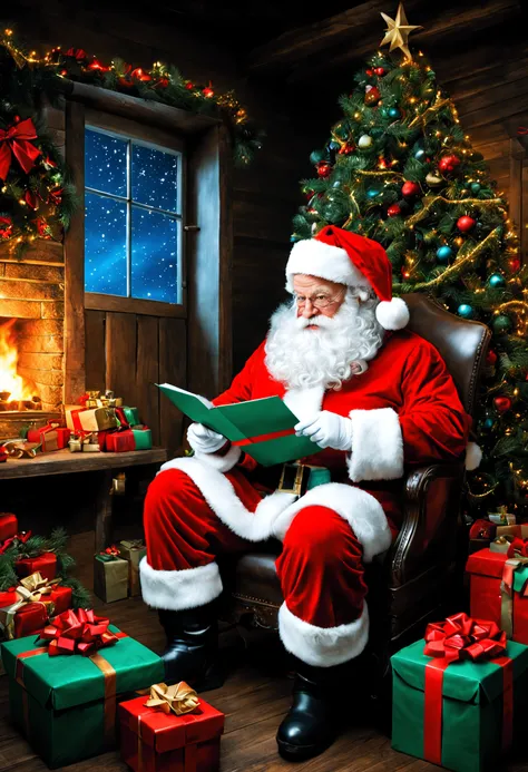 Em uma casa de estilo europeu,Santa Claus is looking at the gift list,Christmas Tree Gift Decoration, Santa, cada,tordo,Elementos natalinos,estilo europeu,The apartment is full of Christmas presents,Very high resolution, Arte tradicional, Santas Studio, ul...