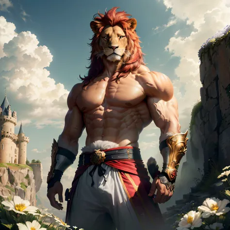 muscle man, (Lions head: 1.0), poilu, orque, habillé en prince debout sur une falaise, des fleurs derrière lui, Des nuages dans le ciel, photo, ...CGI, (posture de combat: 1.2), Poing de fer, Des yeux brillants, (sueur: 1.3), taille large, crinière black ,...