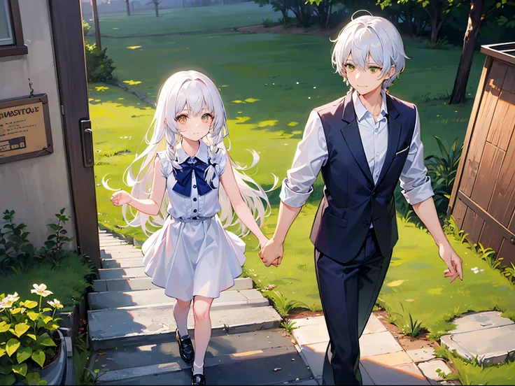 girl with white hair, 7 years old,small body;;;;;;, golden eyes, long-haired,Green braid tied in bows left and right.....,, Wear a blue sleeveless shirt......button up.  White short skirt, walking on grass.With a man....With a slightly smiling face...........