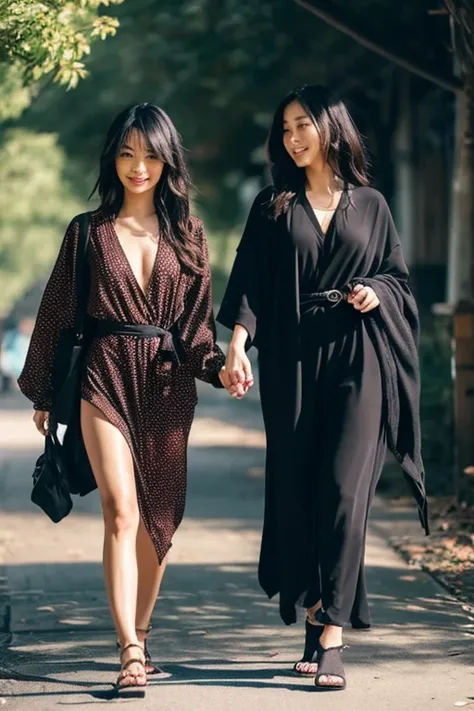 two sexy asian women walking side by side wearing dark matching kimonos