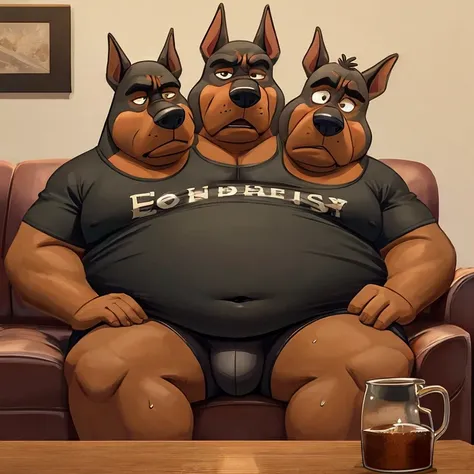 three heads one body, doberman pinscher, obese, older male, old, living room background, disney eyes, underpants, sweaty, T-shirt, navel, sitting on couch, holding flask, tired face, grumpy expression, frown, identical