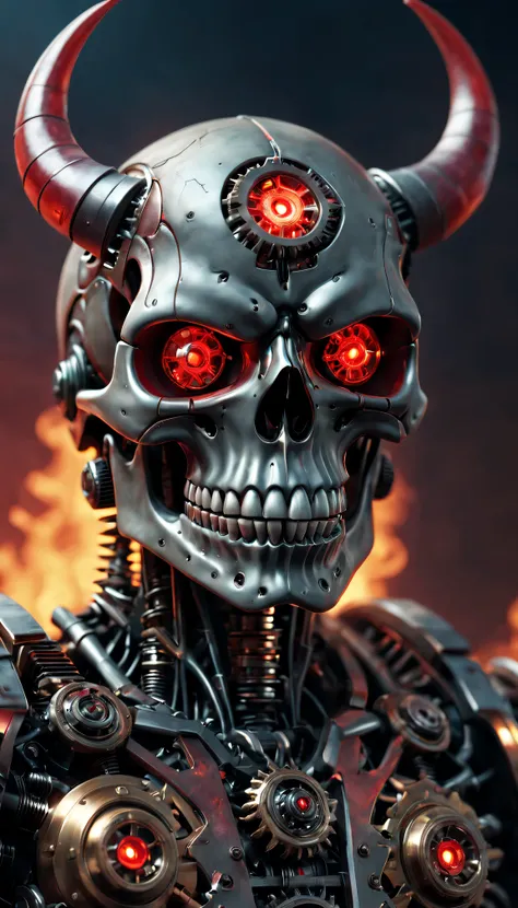 (Best quality at best,4K,A high resolution,tmasterpiece:1.2),ultra - detailed,actual,3D rendering of devil horned skeleton robot,metallic  luster,glowing red eyes,Gears and pistons,Place spikes strategically,Ominous atmosphere,dim murky lights,fiery backgr...