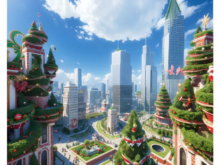 Imagine a digital world where 3D pixels form festive shapes, with Santa and elves marching in a parade through a cityscape of fractal-generated skyscrapers. enormous tits