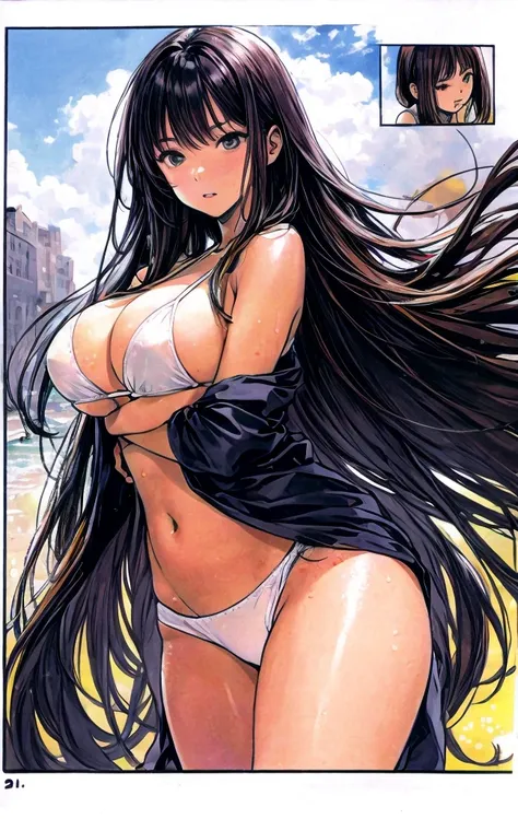 A beautiful woman with long hair and big breasts is standing from behind in a white bikini with a disgusted look on her face.。