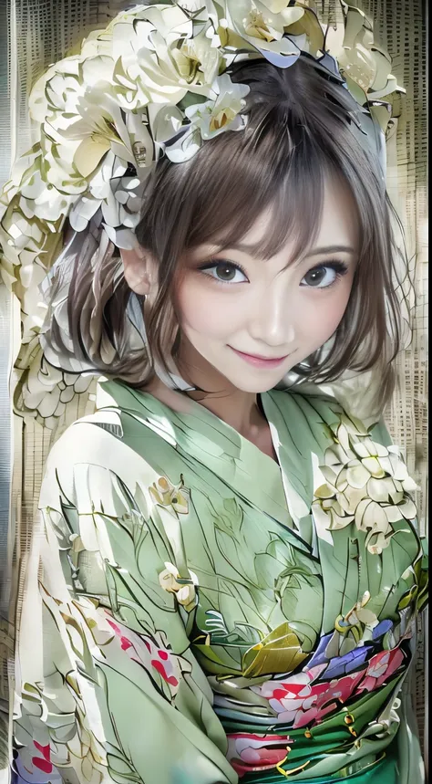 (Super beautiful woman in kimono)、((best qualtiy、8k masterpieces:1.3))、White kimono、foco nítido:1.2、(ultra beautiful faces:1.0)、(shinny skin:1.0)、photos realistic、、from the front side、medium breasts、With a happy smile、Slender Abs Beauty、Whole body、wearing ...