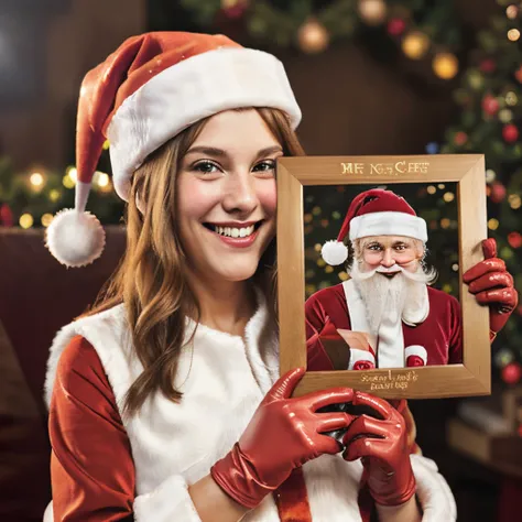 Jolly Smiling Santa Clause holding a photo frame Infront of his chest, wearing gloves, not covering his face. Ultra HD, highly detailed