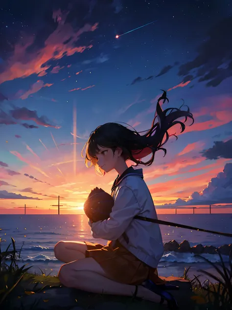 girl with, blows wind,Fluttering hair，gust of wind， Colorful, , ​masterpiece, Sit up, From Side, From Side, A smile, starrysky, stele