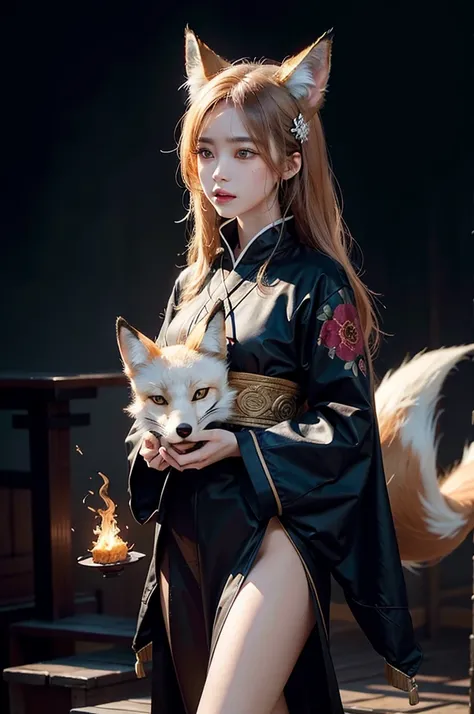 1girl, solo, official art, unity 8k wallpaper, ultra detailed, beautiful and aesthetic, masterpiece, best quality, photorealistic, (abstract background) (zentangle, mandala, tangle, entangle background:0.7) Kitsune, fox mask, haori jacket, foxfire spell, f...