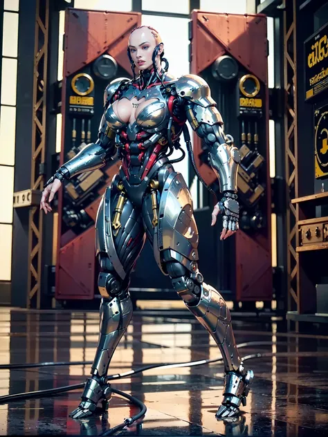 (beautiful muscular female cyborg:1.25), (megan-fox:1.5), (full body pose), (metallic muscular armor:1.5), (no hair), (bald head covered in cables:1.5), (robotic mechanical physique:1.5), (super muscular female cyborg:1.5), (covered in cables and mechanica...