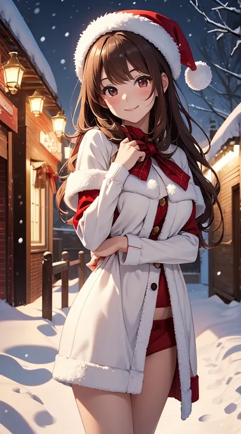 (masterpiece), (best quality), girl standing outside in the snow, wavy brown hair, red and white lingerie, santa claus hat, smiling, sexy, perfect body, christmas lights, night, (snowing: 1.25)