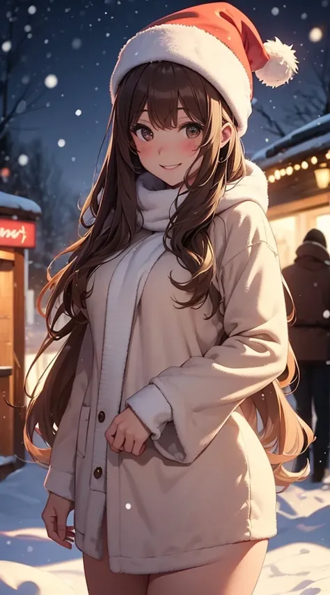 (masterpiece), (best quality), girl standing outside in the snow, wavy brown hair, (nude), santa claus hat, smiling, sexy, perfect body, christmas lights, night, (snowing: 1.25)