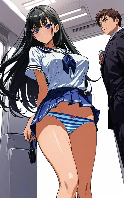 A beautiful woman with long black hair, big breasts, and beautiful legs is standing in a white sailor suit with a miniskirt, her legs spread wide, her lilac and blue striped panties showing off, and glaring at a middle-aged office worker on the train.。