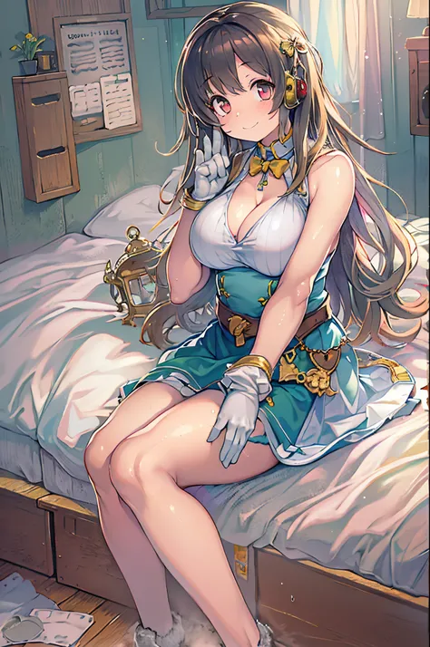 Best Quality, masutepiece, 1girl in, Solo, ferry, Long hair, Ferry base, thighs thighs thighs thighs, Bare shoulders, Jewelry, Sleeveless, White Dress, Blue skirt, gloves, Bedrooms, bed, wood floor, Sitting, sitting on a bed, Hands on legs, subtle smile, S...