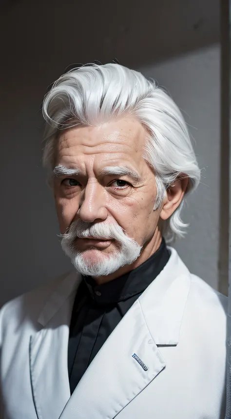 tmasterpiece, Best quality at best, Faraway view，70 years old，Old man with wrinkles on his face, Absolutely positive, intense white hair, white mustache，actual, the workplace， high high quality, upper part of body，Bust photo，street frontage, Global light, ...