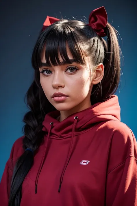 1girl, solo, long hair, hoodie, red hoodie, midriff, looking at viewer, blue background, black hair, simple background, twoes, lips, sexy mouth, ribbon, hair ribbon, bangs, turtleneck sweater, upper body, part side up, turtleneck, blue eyed bangs, black ri...