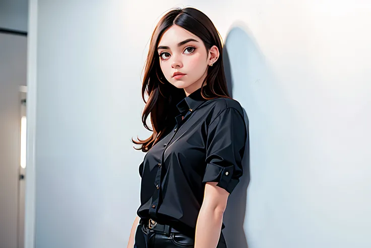 a woman in black shirt standing against a white wall, look at camera