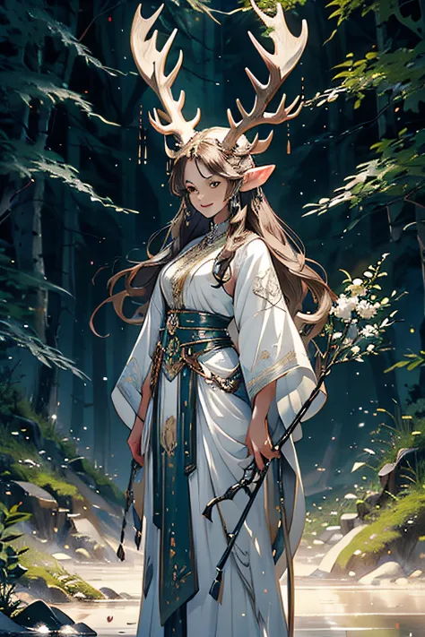 reife frau, Braunes Haar, Elfenohren, white deer horns, White leather armor, stehend, auf Baum gelehnt, Wald, Highly detailed, einen Stab schwingen, Smileing