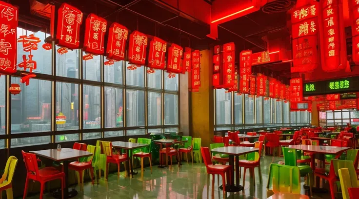 hong kong wall city, food court, chinese coloring, future style, sunset, big windows, red and moss green,many chairs, neon light, nighttime