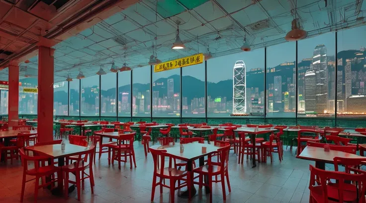 hong kong wall city, food court, chinese coloring, future style, sunset, big windows, red and moss green,many chairs, neon light, nighttime