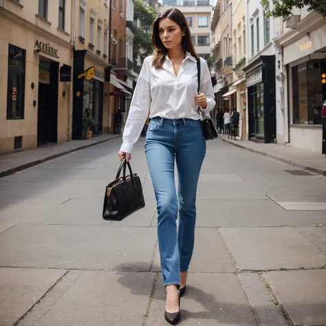 create the image of a well-groomed stylish woman in high-heeled jeans