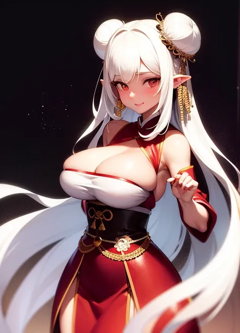 tmasterpiece, Best quality at best, s the perfect face, Perfect brown eyes and white sclera, Bad Hands 5, Alone, 1个Giant Breast Girl, , White hair, , Hanfu, ssmile, Wide hips, Lori huge breasts cleavage, ,High fork, pelvis curtain, , Bun cover, Sash, Score...