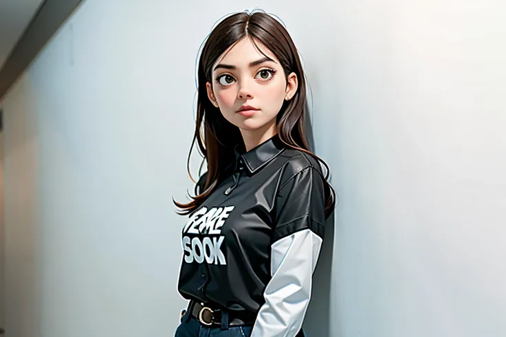 a woman in black shirt standing against a white wall, look at camera