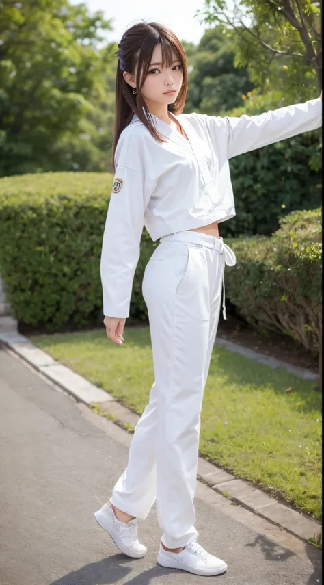 (Photorealsitic)(10yaers old), Pretty Woman, (Full body 8K portrait), 1 girl in, White Karate Uniform, White karate pants, Stand alone, Large and dynamic hand and foot movements, Stick out your fist, Make a high side kick, Correct skeleton, Perfect facial ...