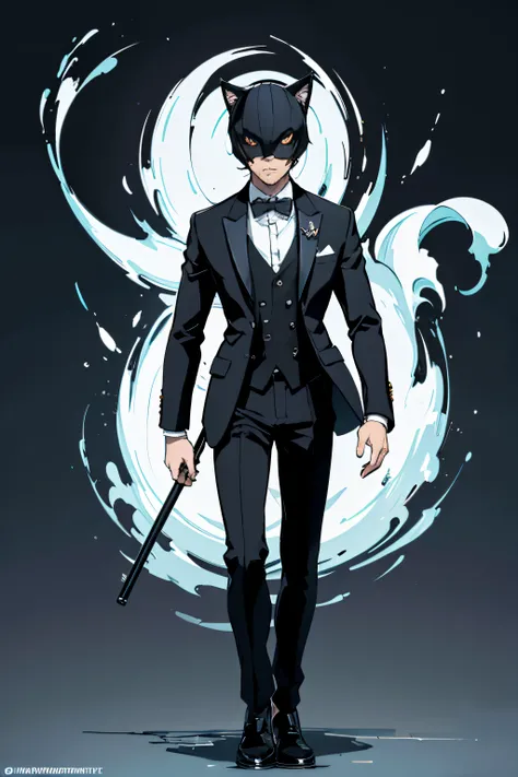 full body shot, Theres a man in a tuxedo and a cat mask in low pole rendering with a bow tie, un rendu low poly par Kanbun Master, reddit, digital art, smoking, Photo de profil Discord, fvckrender, Discord PFP, Portrait NFT, elegant, Il porte un haut-de-fo...