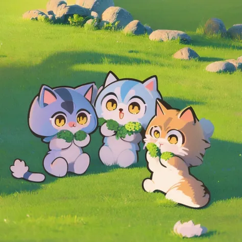 A group of cute cats eating on the grass, aquarelle,  Background with, at the lowest limit, Cute big breasts, Tiny, pastel colour, Vector style,