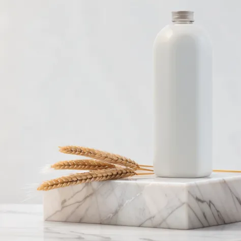 there is a bottle of milk and wheat on a marble block, Made of marble, Made of liquid metal and marble, product photography, Smooth marble surfaces, on a marble pedestal, Miniature product photo, product photography, Made of Carrara marble, professional pr...